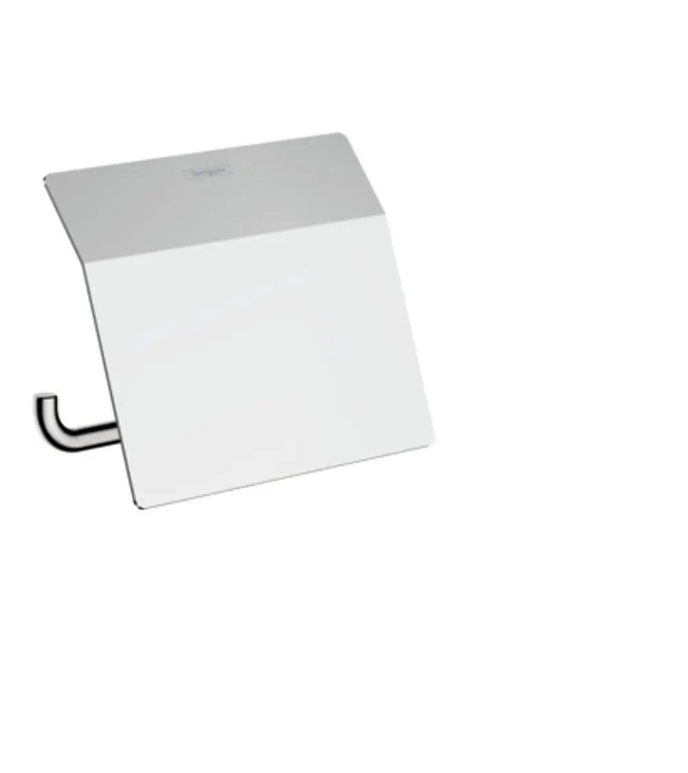 Toilettenpapierhalter mit einem weißen Deckel und einem chromfarbenen Halter. Das Produkt stammt von Hansgrohe und ist für die Wandmontage konzipiert.